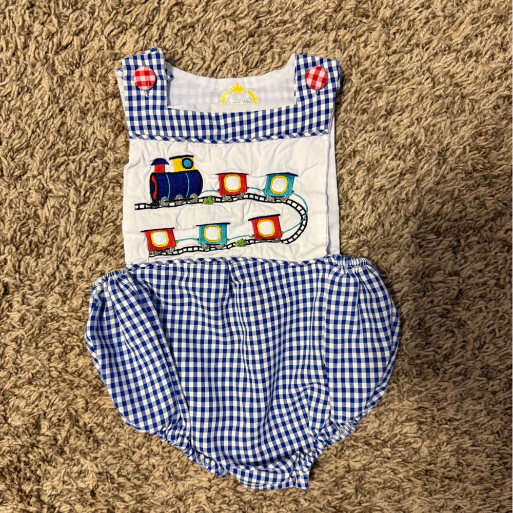 Blue Gingham Romper with Train Embroidery